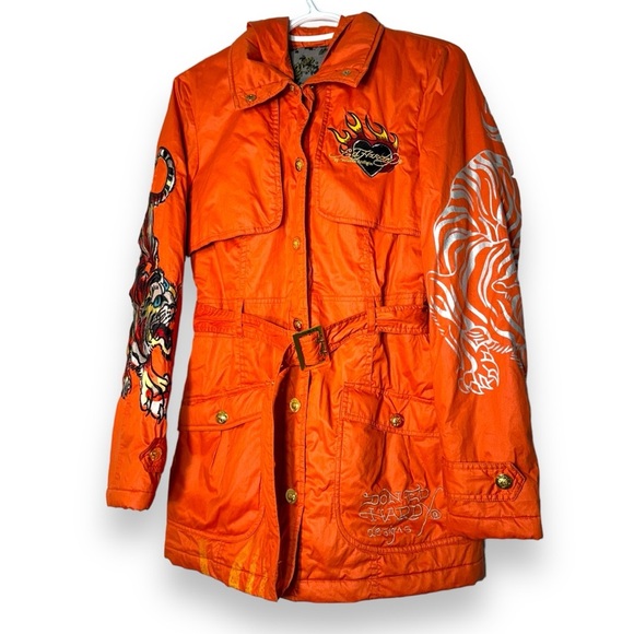 VTG Ed Hardy Trech Coats Embroidered Tiger Tattoo Y2K  Women Small Orange Gothic - Picture 2 of 14